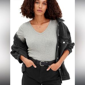 GAP The Favorite V Neck Grey Long Sleeve Pullover Top Shirt 100% Cotton NWOT L